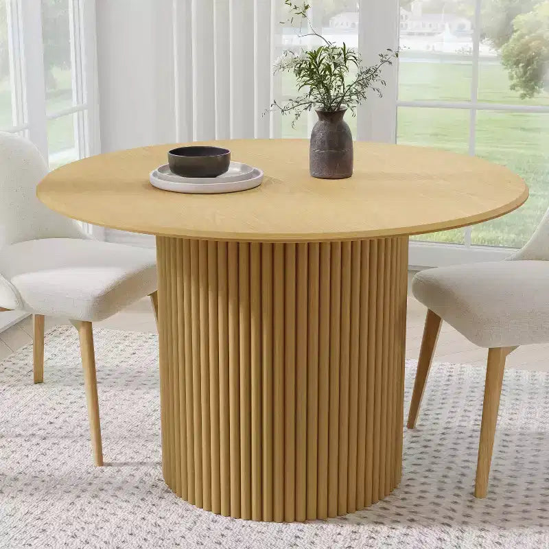 46-Inch Round Solid Oak Wood Dining Table with Rattan-Woven Legs