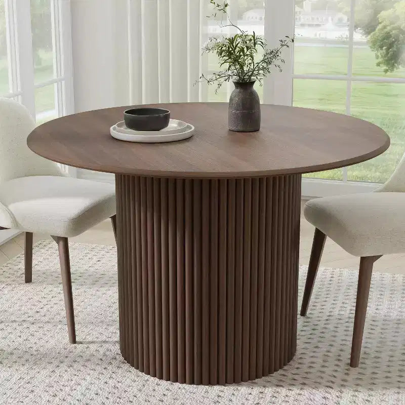 46-Inch Round Solid Oak Wood Dining Table with Rattan-Woven Legs