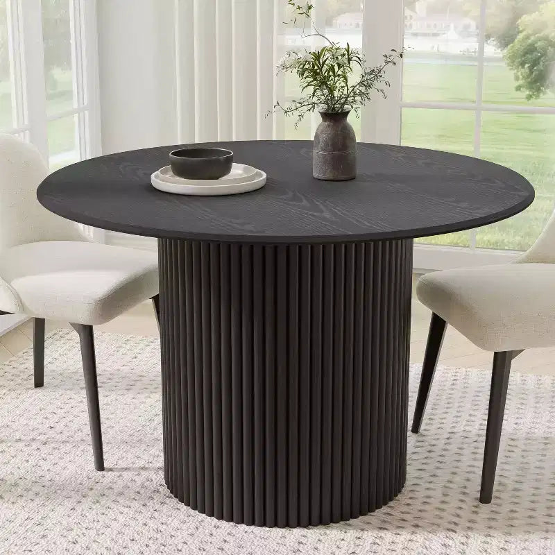 46-Inch Round Solid Oak Wood Dining Table with Rattan-Woven Legs
