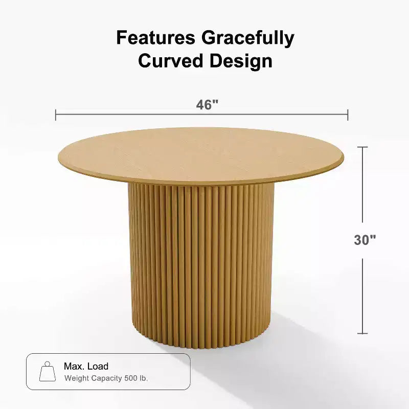 46-Inch Round Solid Oak Wood Dining Table with Rattan-Woven Legs