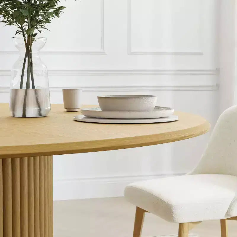 46-Inch Round Solid Oak Wood Dining Table with Rattan-Woven Legs