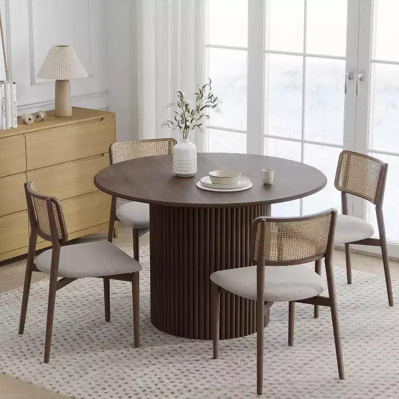 46-Inch Round Solid Oak Wood Dining Table with Rattan-Woven Legs