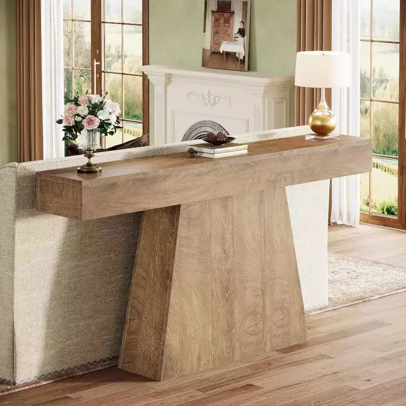 63-Inch Farmhouse Console Table with Trapezoidal Base for Entryway, Hallway, Living Room