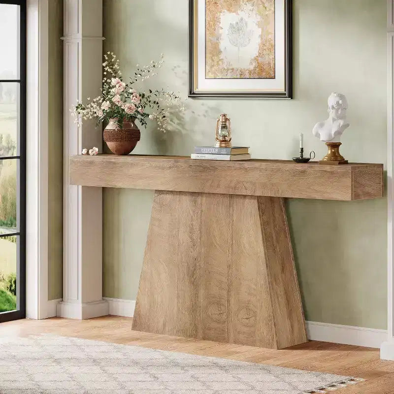 63-Inch Farmhouse Console Table with Trapezoidal Base for Entryway, Hallway, Living Room