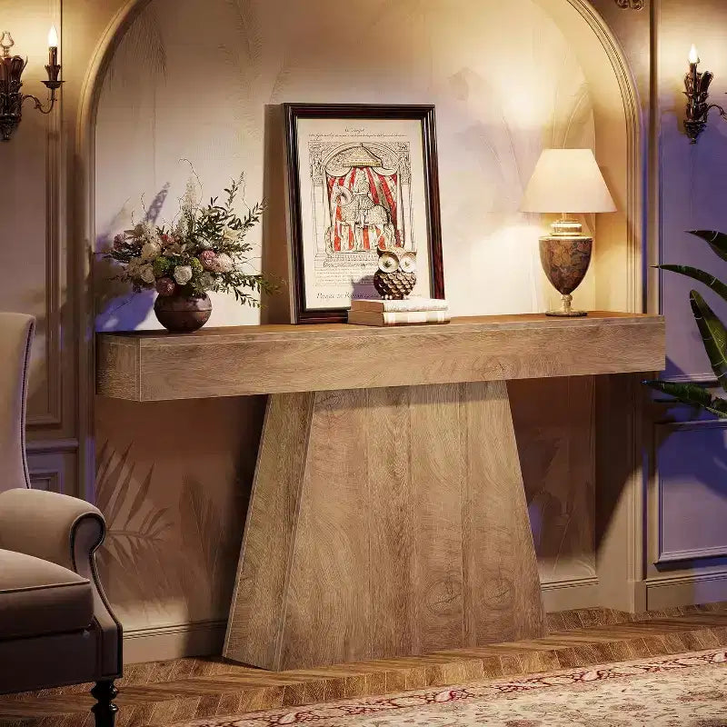 63-Inch Farmhouse Console Table with Trapezoidal Base for Entryway, Hallway, Living Room