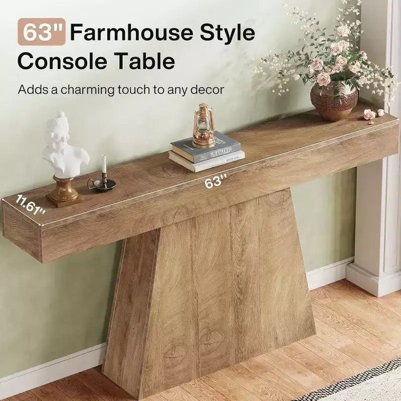 63-Inch Farmhouse Console Table with Trapezoidal Base for Entryway, Hallway, Living Room