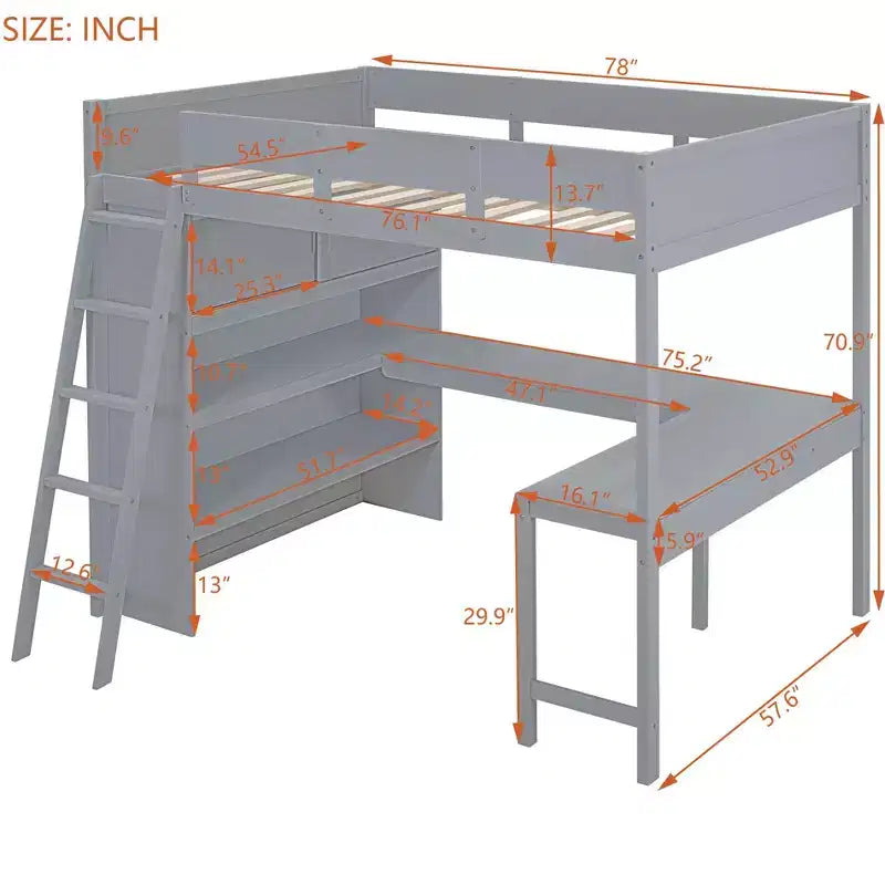 Full Size Loft Bed with Desk and Shelf, Solid Pine Wood, 78"L x 57.6"W