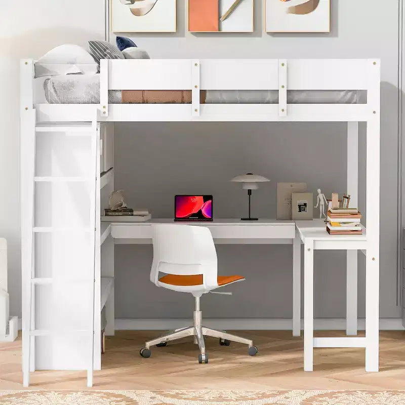 Full Size Loft Bed with Desk and Shelf, Solid Pine Wood, 78"L x 57.6"W