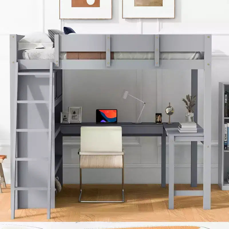 Full Size Loft Bed with Desk and Shelf, Solid Pine Wood, 78"L x 57.6"W