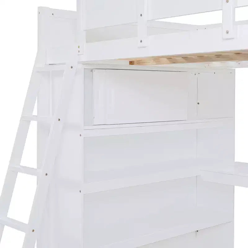 Full Size Loft Bed with Desk and Shelf, Solid Pine Wood, 78"L x 57.6"W