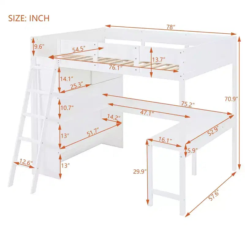 Full Size Loft Bed with Desk and Shelf, Solid Pine Wood, 78"L x 57.6"W
