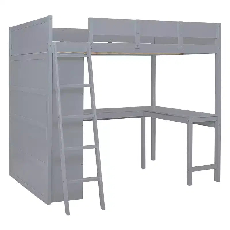 Full Size Loft Bed with Desk and Shelf, Solid Pine Wood, 78"L x 57.6"W