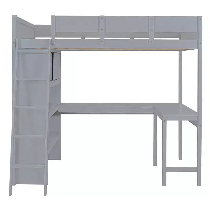 Full Size Loft Bed with Desk and Shelf, Solid Pine Wood, 78"L x 57.6"W