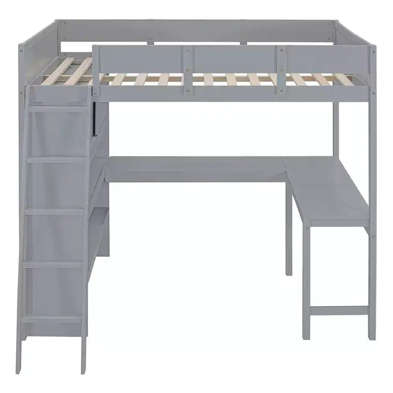 Full Size Loft Bed with Desk and Shelf, Solid Pine Wood, 78"L x 57.6"W