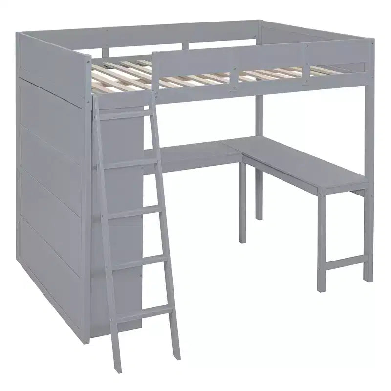 Full Size Loft Bed with Desk and Shelf, Solid Pine Wood, 78"L x 57.6"W