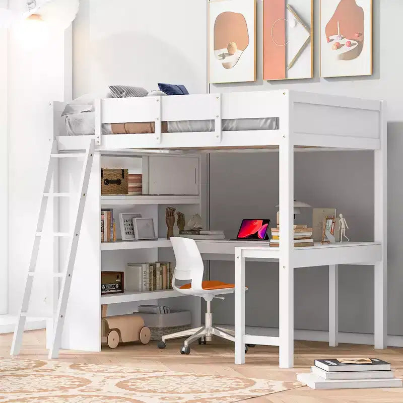 Full Size Loft Bed with Desk and Shelf, Solid Pine Wood, 78"L x 57.6"W