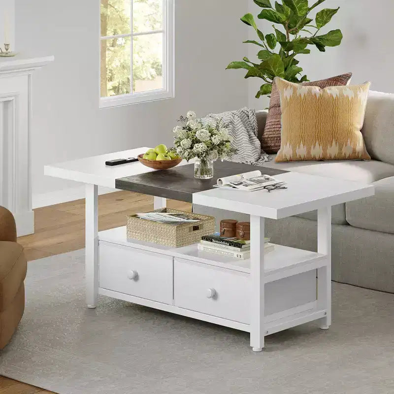 2-Tier Coffee Table with Storage Shelf and 2 Drawers for Living Room