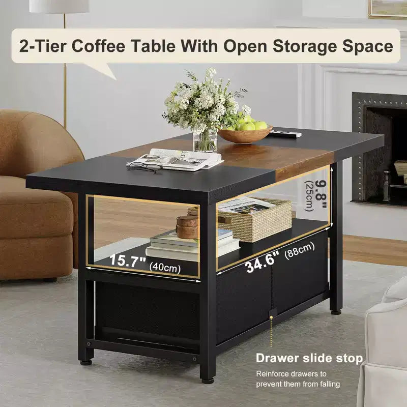 2-Tier Coffee Table with Storage Shelf and 2 Drawers for Living Room