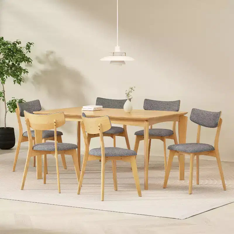Mid-Century Modern Wood and Fabric 7-Piece Dining Set