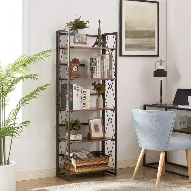 5-Tier Industrial Folding Bookshelf Storage Organizer for Living Room