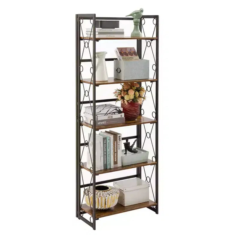 5-Tier Industrial Folding Bookshelf Storage Organizer for Living Room