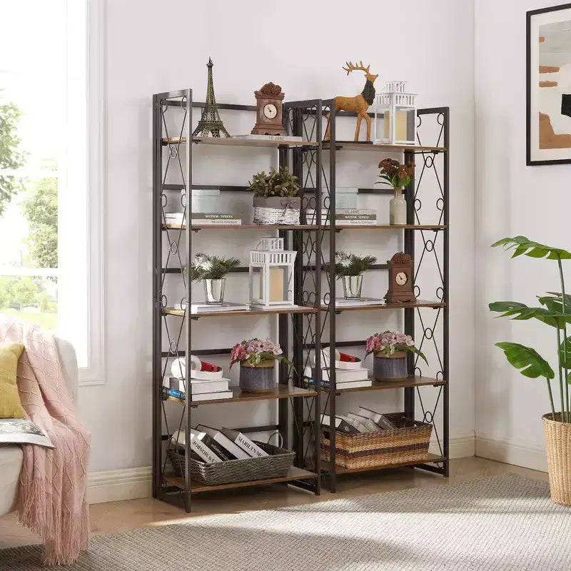 5-Tier Industrial Folding Bookshelf Storage Organizer for Living Room