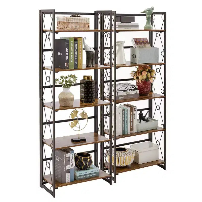 5-Tier Industrial Folding Bookshelf Storage Organizer for Living Room