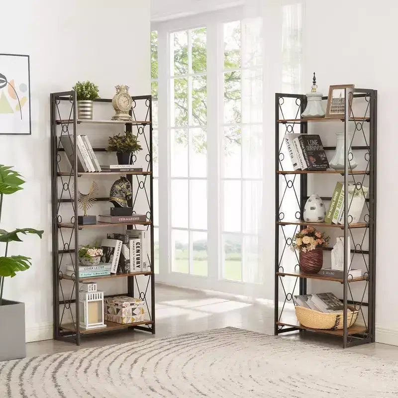5-Tier Industrial Folding Bookshelf Storage Organizer for Living Room