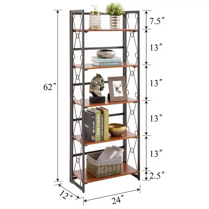 5-Tier Industrial Folding Bookshelf Storage Organizer for Living Room