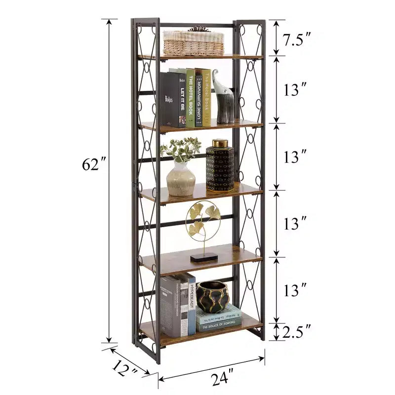 5-Tier Industrial Folding Bookshelf Storage Organizer for Living Room