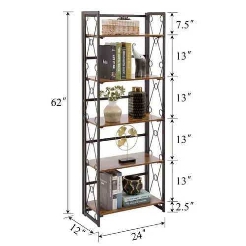5-Tier Industrial Folding Bookshelf Storage Organizer for Living Room