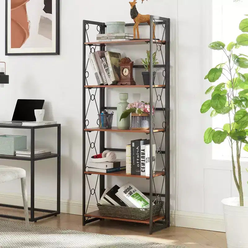 5-Tier Industrial Folding Bookshelf Storage Organizer for Living Room