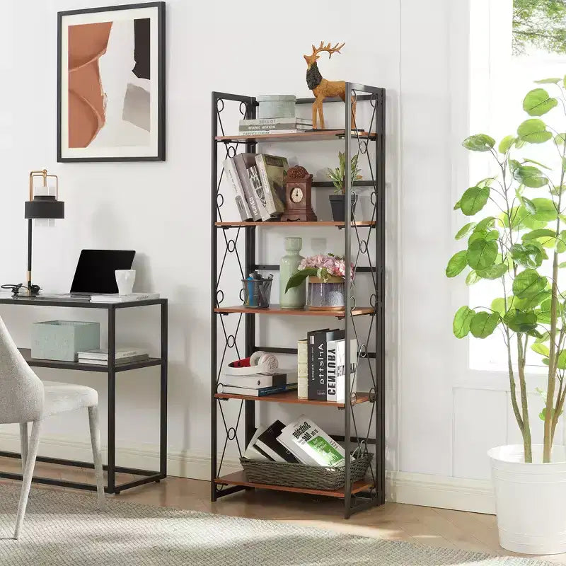 5-Tier Industrial Folding Bookshelf Storage Organizer for Living Room