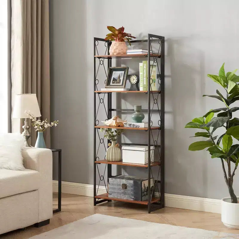 5-Tier Industrial Folding Bookshelf Storage Organizer for Living Room