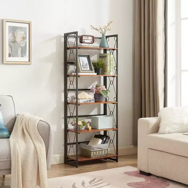 5-Tier Industrial Folding Bookshelf Storage Organizer for Living Room