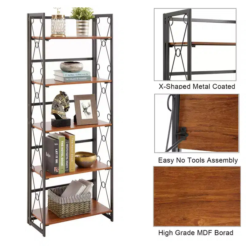 5-Tier Industrial Folding Bookshelf Storage Organizer for Living Room