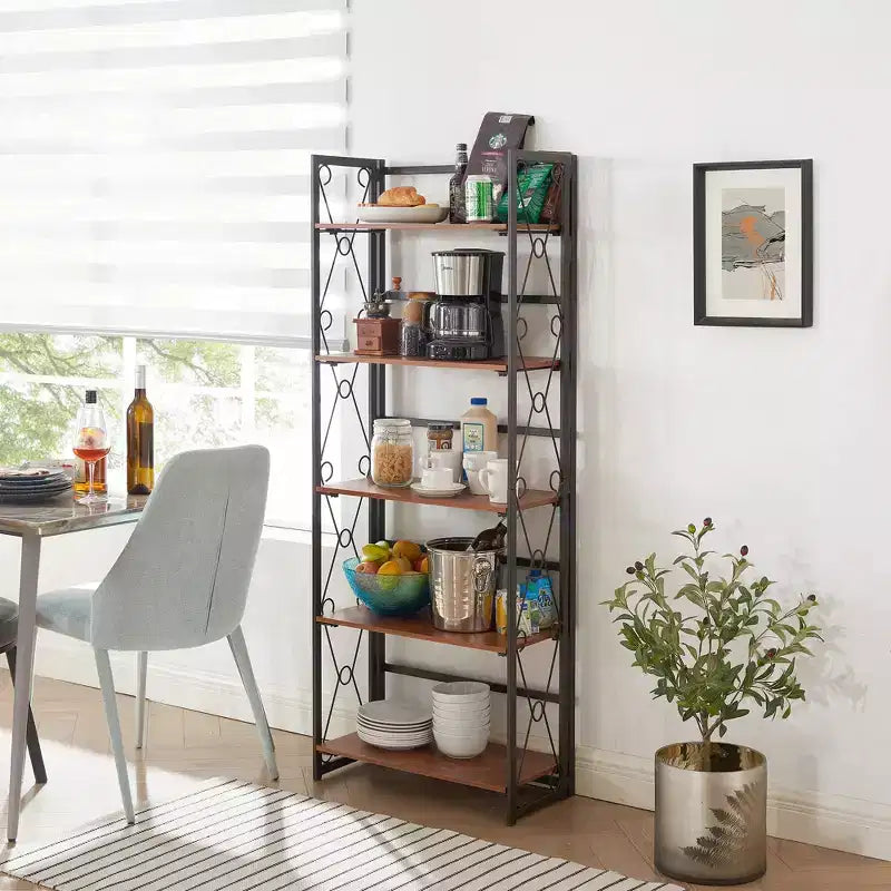 5-Tier Industrial Folding Bookshelf Storage Organizer for Living Room