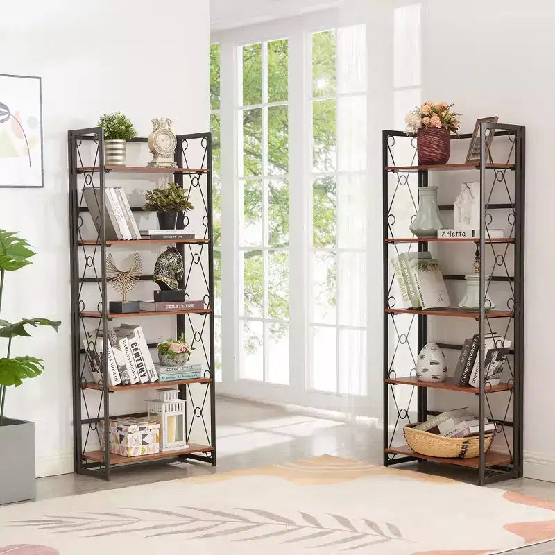 5-Tier Industrial Folding Bookshelf Storage Organizer for Living Room