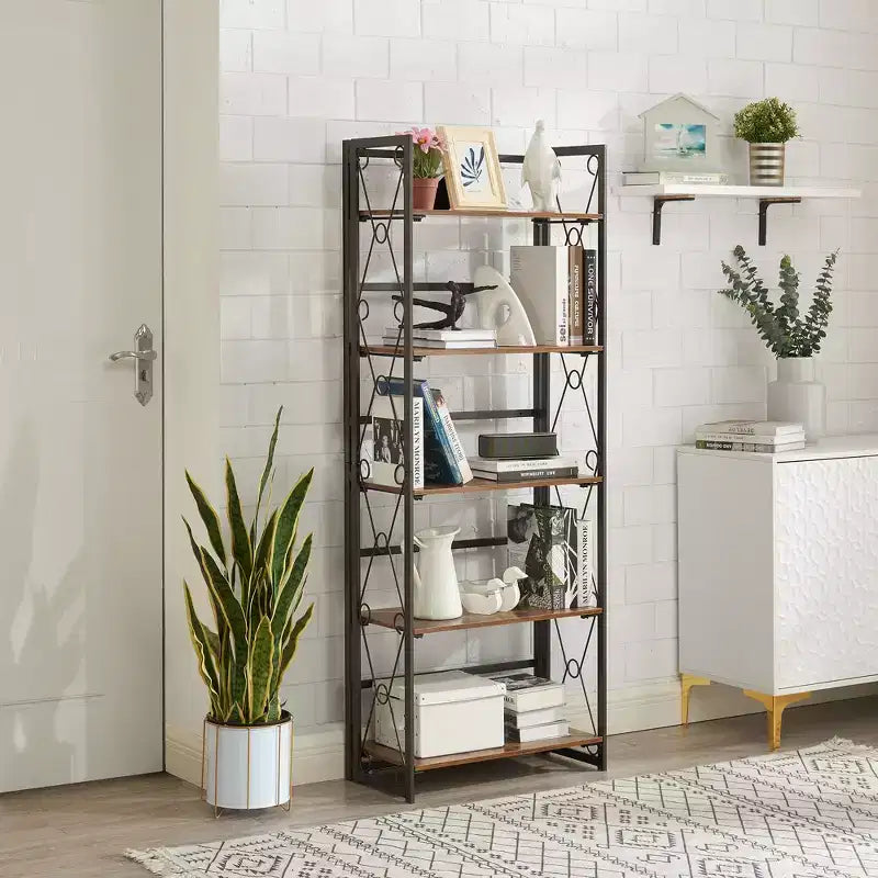 5-Tier Industrial Folding Bookshelf Storage Organizer for Living Room
