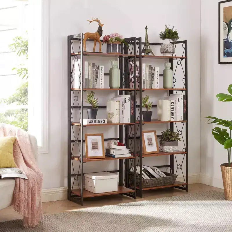 5-Tier Industrial Folding Bookshelf Storage Organizer for Living Room