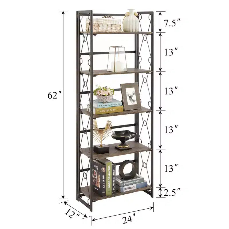5-Tier Industrial Folding Bookshelf Storage Organizer for Living Room