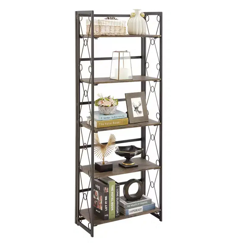 5-Tier Industrial Folding Bookshelf Storage Organizer for Living Room
