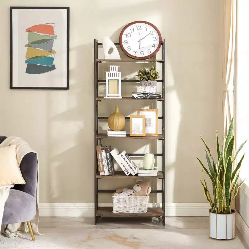 5-Tier Industrial Folding Bookshelf Storage Organizer for Living Room
