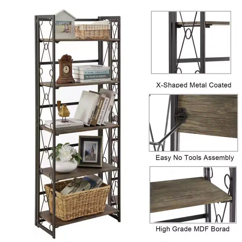 5-Tier Industrial Folding Bookshelf Storage Organizer for Living Room
