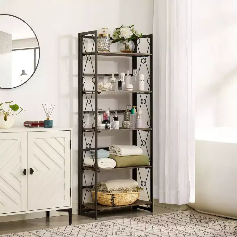 5-Tier Industrial Folding Bookshelf Storage Organizer for Living Room