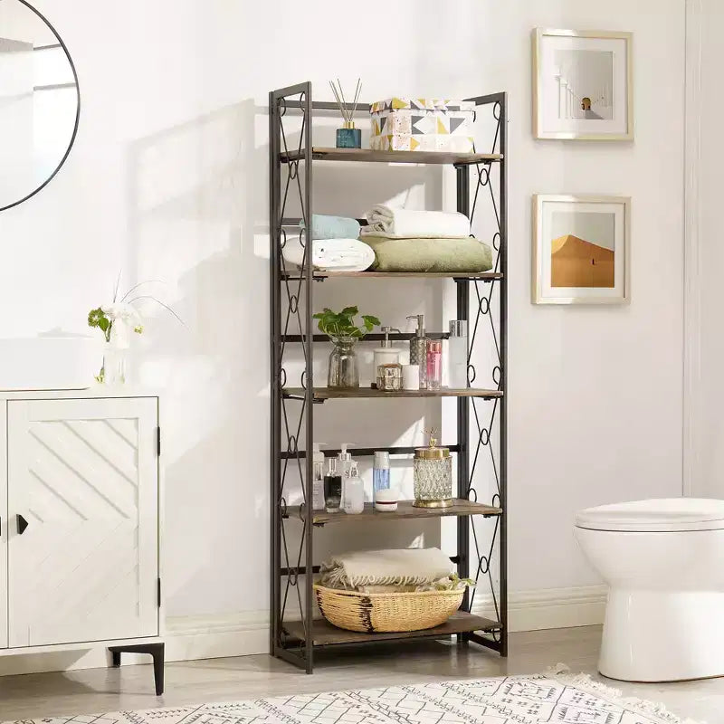 5-Tier Industrial Folding Bookshelf Storage Organizer for Living Room