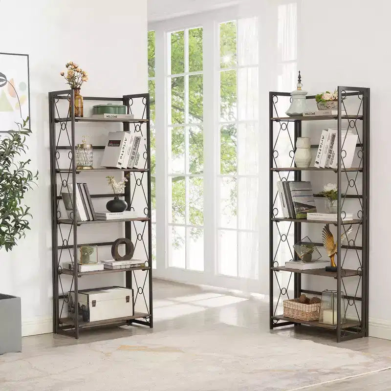 5-Tier Industrial Folding Bookshelf Storage Organizer for Living Room
