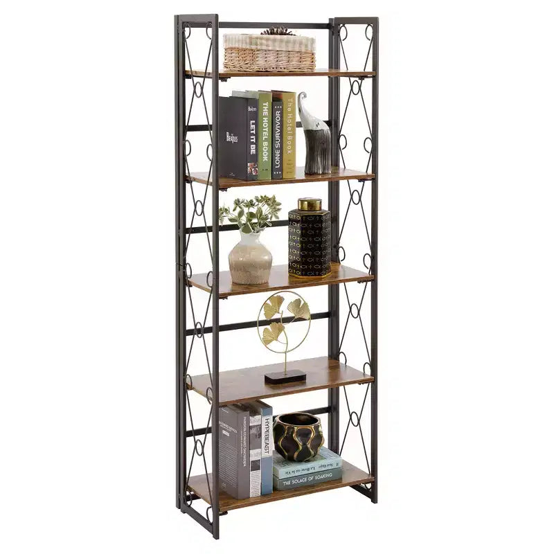 5-Tier Industrial Folding Bookshelf Storage Organizer for Living Room