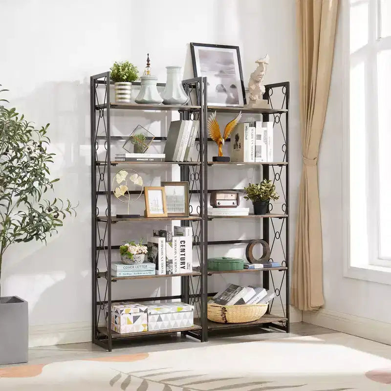5-Tier Industrial Folding Bookshelf Storage Organizer for Living Room