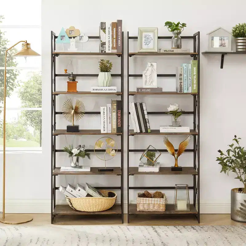 5-Tier Industrial Folding Bookshelf Storage Organizer for Living Room